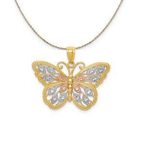 14k Yellow Gold with White & Rose Rhodium Butterfly Necklace - 16 Inch